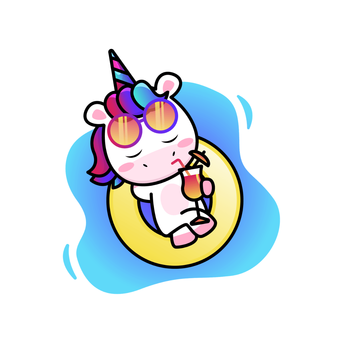 Cartoon unicorn with colorful hair and sunglasses on a black background